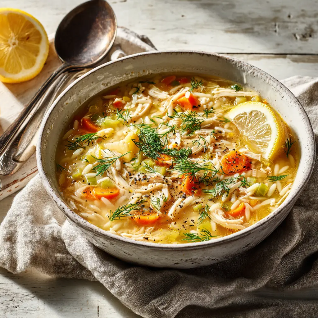 A serving of home-cooked Greek Lemon Chicken Soup in a white ceramic bowl, set on a weathered wooden table with a linen napkin.