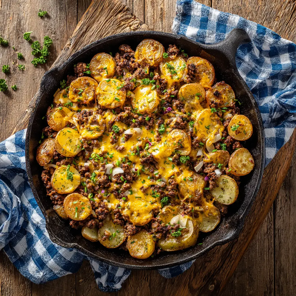 An authentic, home-cooked Ground Beef and Potatoes Skillet in a black cast-iron skillet, viewed from the top-down on a wooden surface.