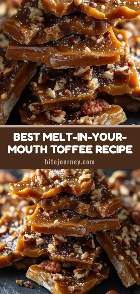 A shareable pin image showing rustic pieces of homemade Georgia Toffee with pecans piled on a dark surface. (Georgia Toffee Recipe)
