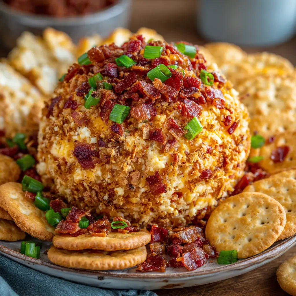 A macro shot emphasizing the delicious textures of the Bacon Cheddar Ranch Cheese Ball's coating: crispy bacon, melted cheddar, and fresh green onions.