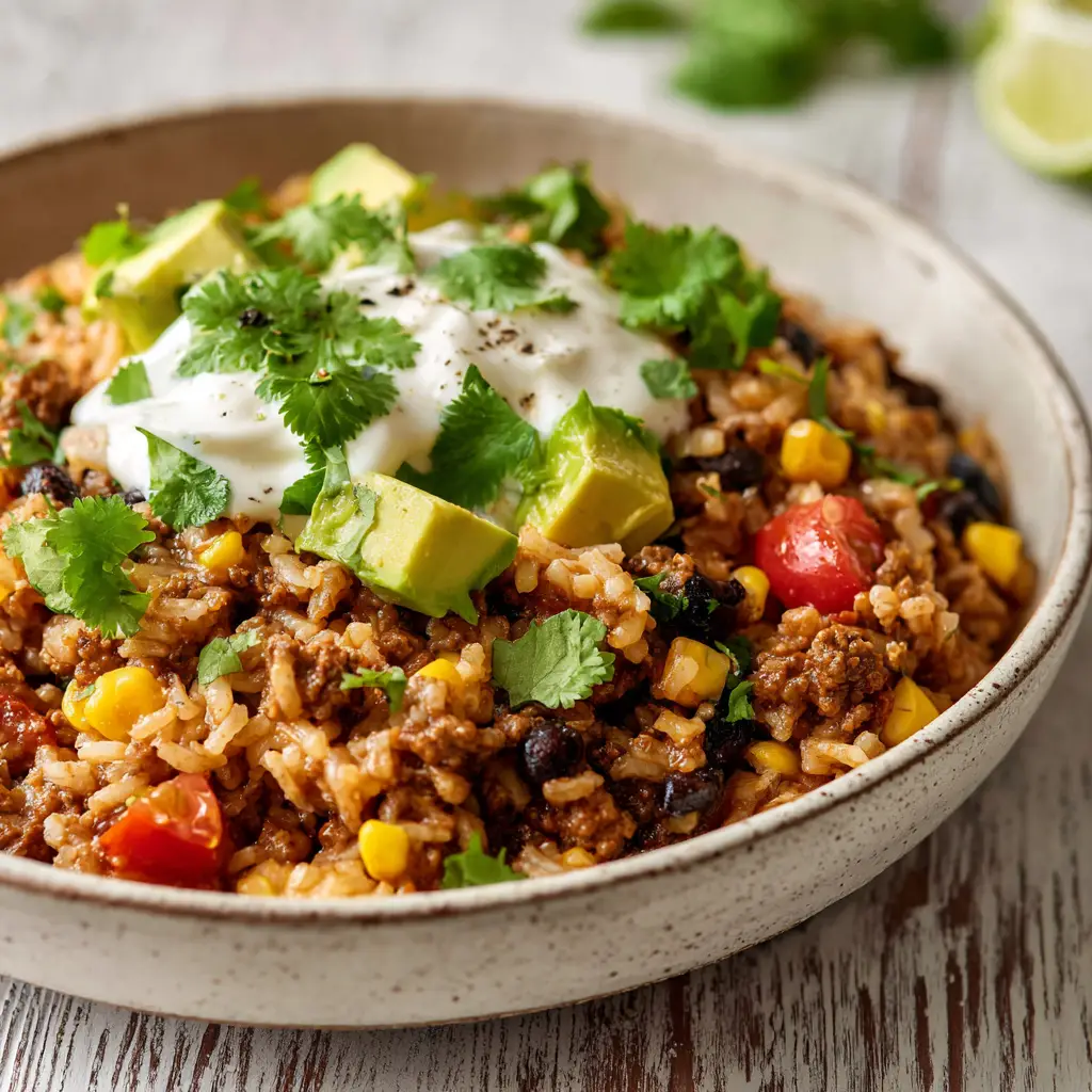 A close-up, slightly angled overhead photo of a rustic stoneware bowl filled with a hearty taco rice bowl, showcasing seasoned ground beef, rice, beans, corn, and fresh toppings.