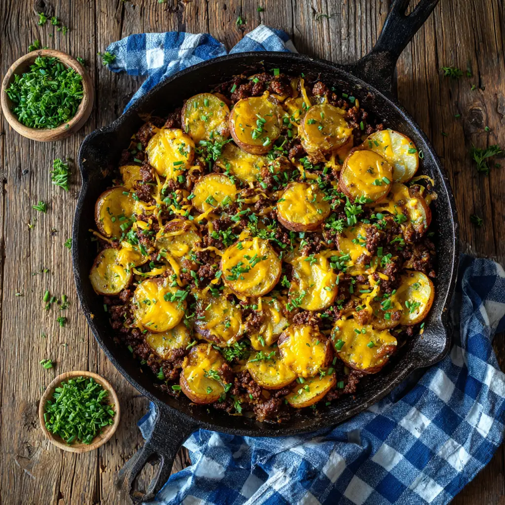 A close-up macro shot of the ground beef and potato skillet, showing the rich texture of the browned beef, tender potatoes, and glistening melted cheese.