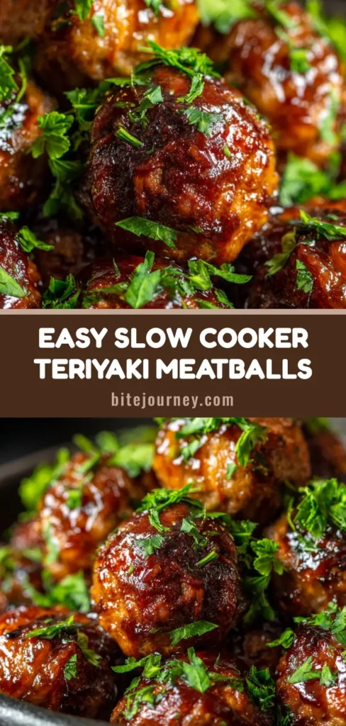 A close-up overhead shot of Slow Cooker Teriyaki Meatballs in a dark rustic bowl, garnished with fresh parsley and pineapple chunks.