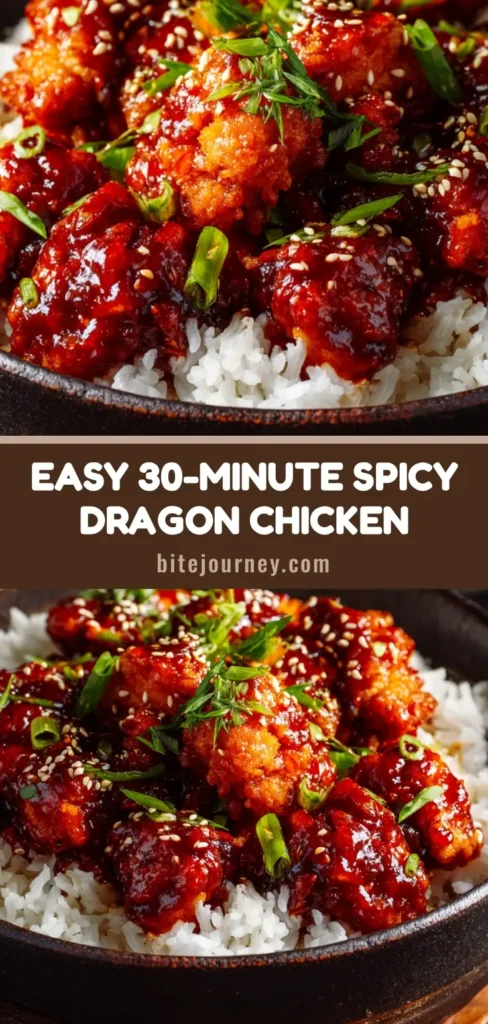 A close-up macro shot of Spicy Dragon Chicken in a dark ceramic bowl, served over white rice and garnished with scallions and sesame seeds.