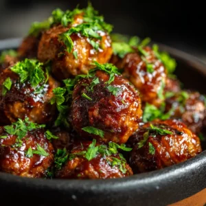 A hearty pile of juicy Slow Cooker Teriyaki Meatballs, drizzled with a glossy sauce in a dark slow cooker bowl.