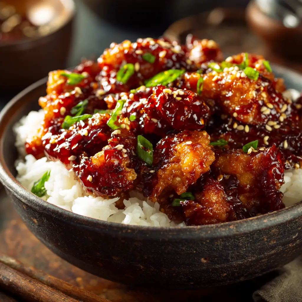 A rustic bowl of homemade Spicy Dragon Chicken, with the crispy chicken pieces coated in a deep red and brown sauce, served over fluffy rice. (Spicy Dragon Chicken)