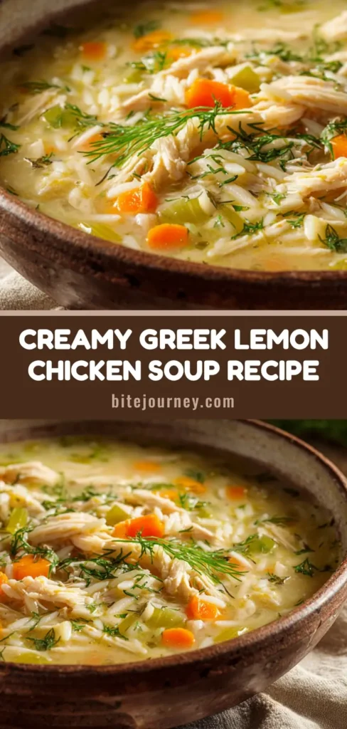 A rustic ceramic bowl of creamy Greek Lemon Chicken Soup, garnished with fresh dill and sitting on a wooden table. (Greek Lemon Chicken Soup)