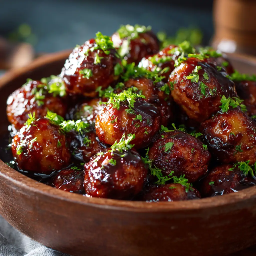 A side view of teriyaki pineapple meatballs in a rustic bowl, showcasing the rich, dark color of the savory sauce and parsley garnish.
