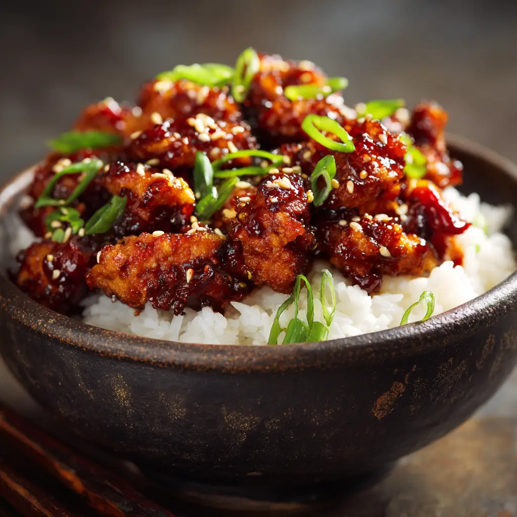 A macro photograph focusing on the glossy texture of the sauce on the Spicy Dragon Chicken, with scallions in the background.