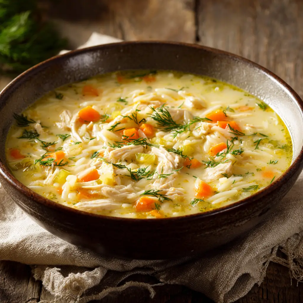 A close-up macro shot of authentic Greek Lemon Chicken Soup, showing the texture of shredded chicken, orzo, and carrots in a pale yellow broth.