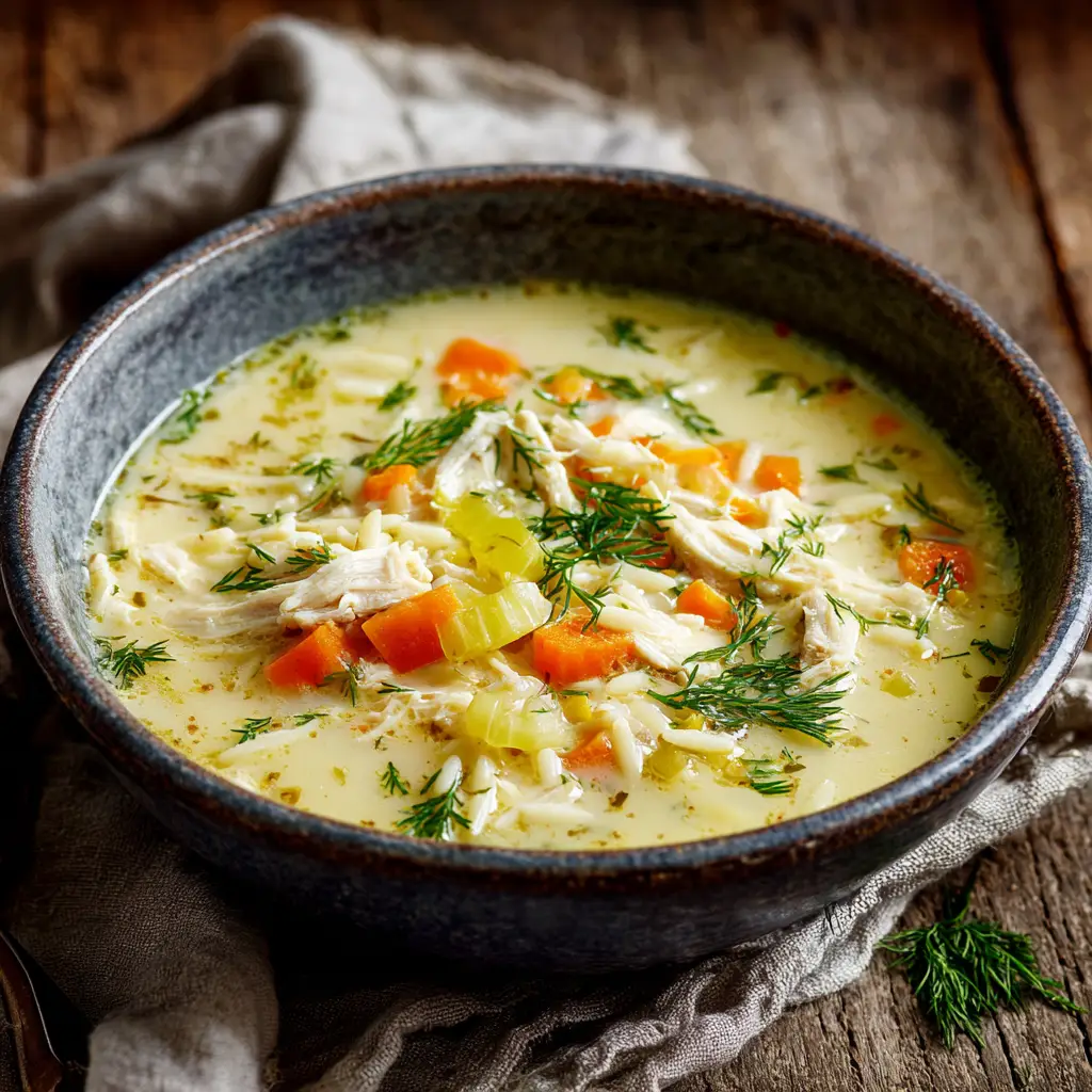 A hearty bowl of homemade Greek Lemon Chicken Soup with a crumpled linen napkin nearby, emphasizing its rustic appeal.