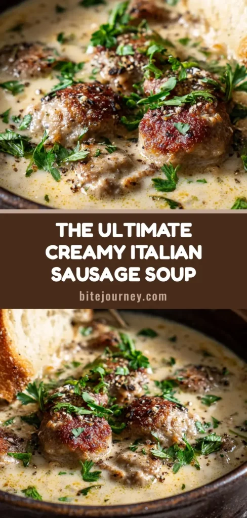 A close-up, appetizing macro shot of creamy Italian Sausage Soup in a rustic dark bowl, garnished with parsley and pepper. A slice of crusty bread rests beside the bowl.