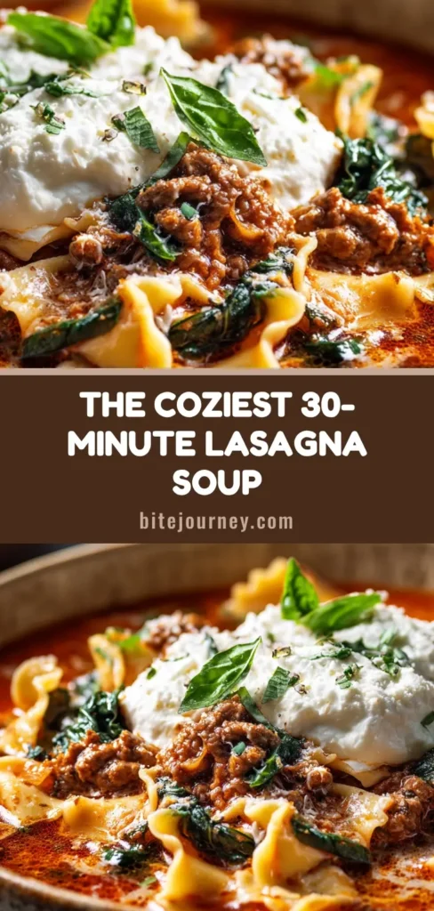 A shareable pin image for a hearty Lasagna Soup Recipe, showing the finished dish in a bowl with text overlay.