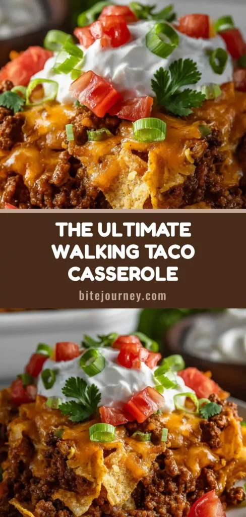 A hearty slice of Walking Taco Casserole on a white plate, showing layers of ground beef, cheese, and chips. It's topped with sour cream, tomatoes, and green onions.