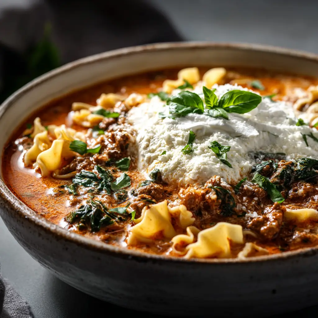 A close-up macro shot of hearty lasagna soup in a rustic stoneware bowl, topped with a dollop of ricotta and fresh basil. (Lasagna Soup Recipe)