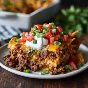 A close-up macro shot of a serving of walking taco casserole. The dish has distinct layers of seasoned beef and melted cheddar, topped with sour cream and fresh cilantro.