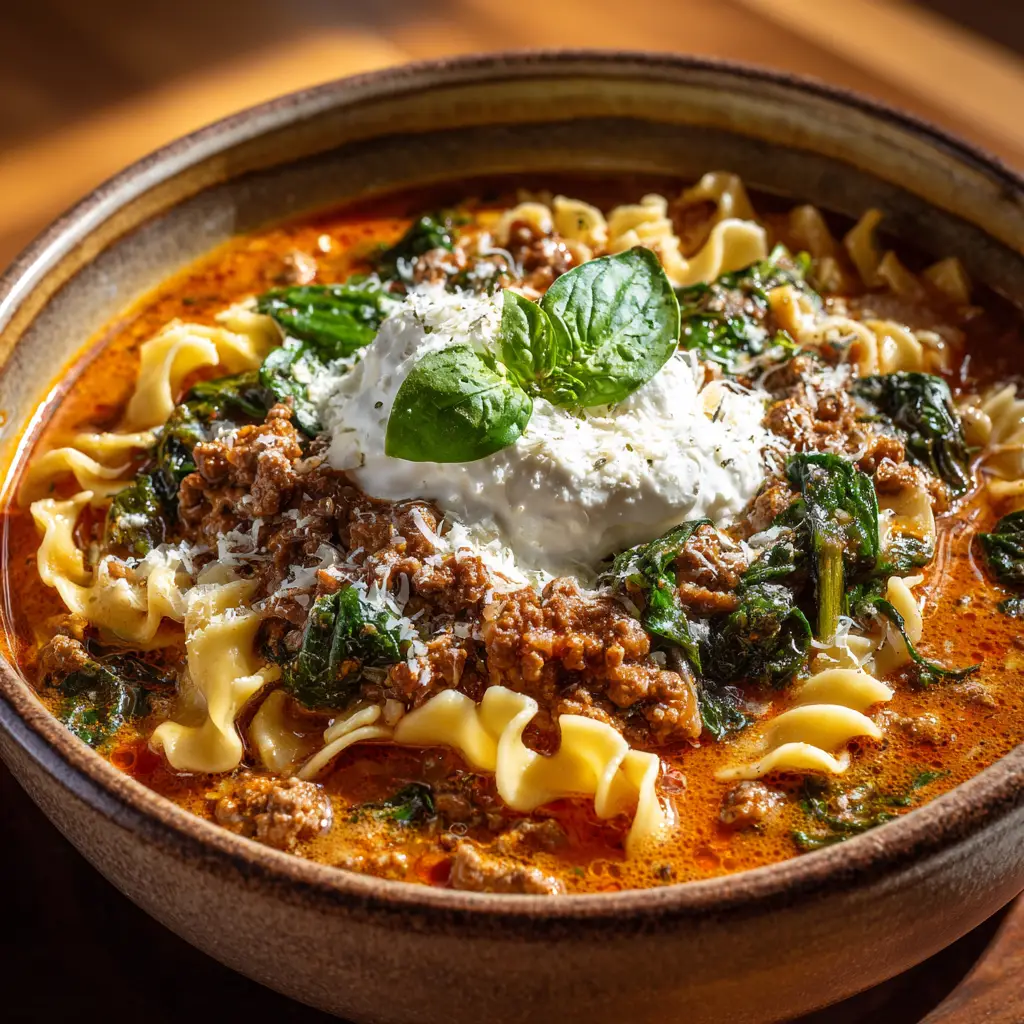 An overhead view of a delicious bowl of lasagna soup, showcasing the rich textures of the ground beef, wilted spinach, and broken noodles. (Lasagna Soup Recipe)