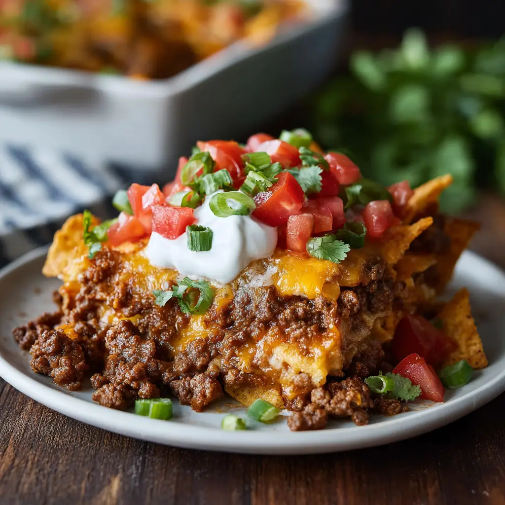 A serving of walking taco casserole on a dark wood surface. The toppings, including diced tomatoes and green onions, are sharp and in focus, with the casserole dish blurred in the background.