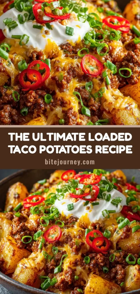 A close-up macro shot of a rustic ceramic bowl filled with Cheesy Taco Potatoes. Crispy potatoes are topped with seasoned ground beef, melted cheese, sour cream, green onions, and red chili slices.