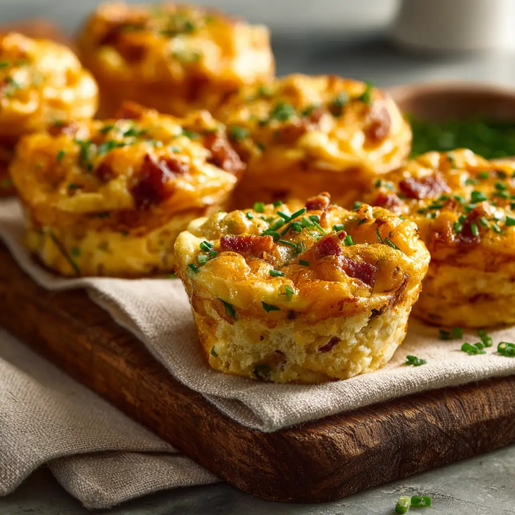An overhead shot of homemade Starbucks Egg Bites arranged on a rustic wooden serving board, garnished with fresh chives. (Starbucks Egg Bites Recipe)