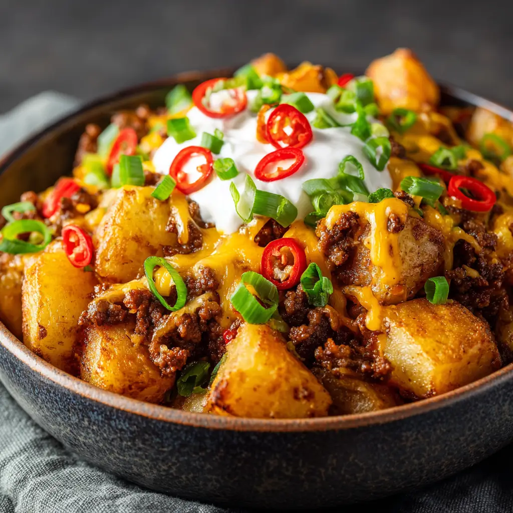 A rustic, hearty bowl of Cheesy Taco Potatoes, captured in a close-up macro shot that highlights the delicious textures of the beef, cheese, and crispy potatoes.