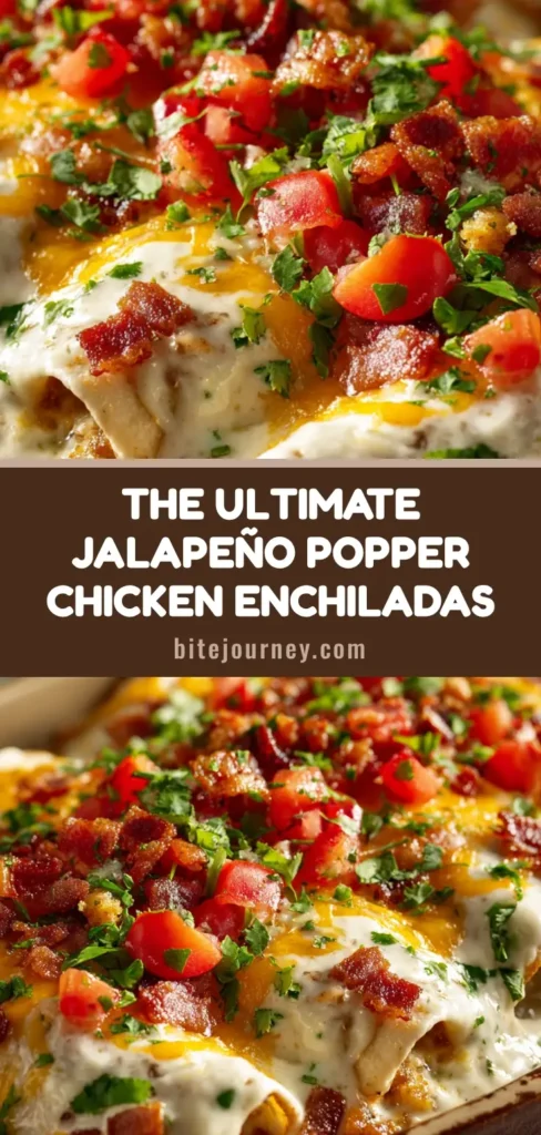 A shareable pin image of Jalapeño Popper Chicken Enchiladas in a baking dish, highlighting the cheesy topping and bacon garnish.