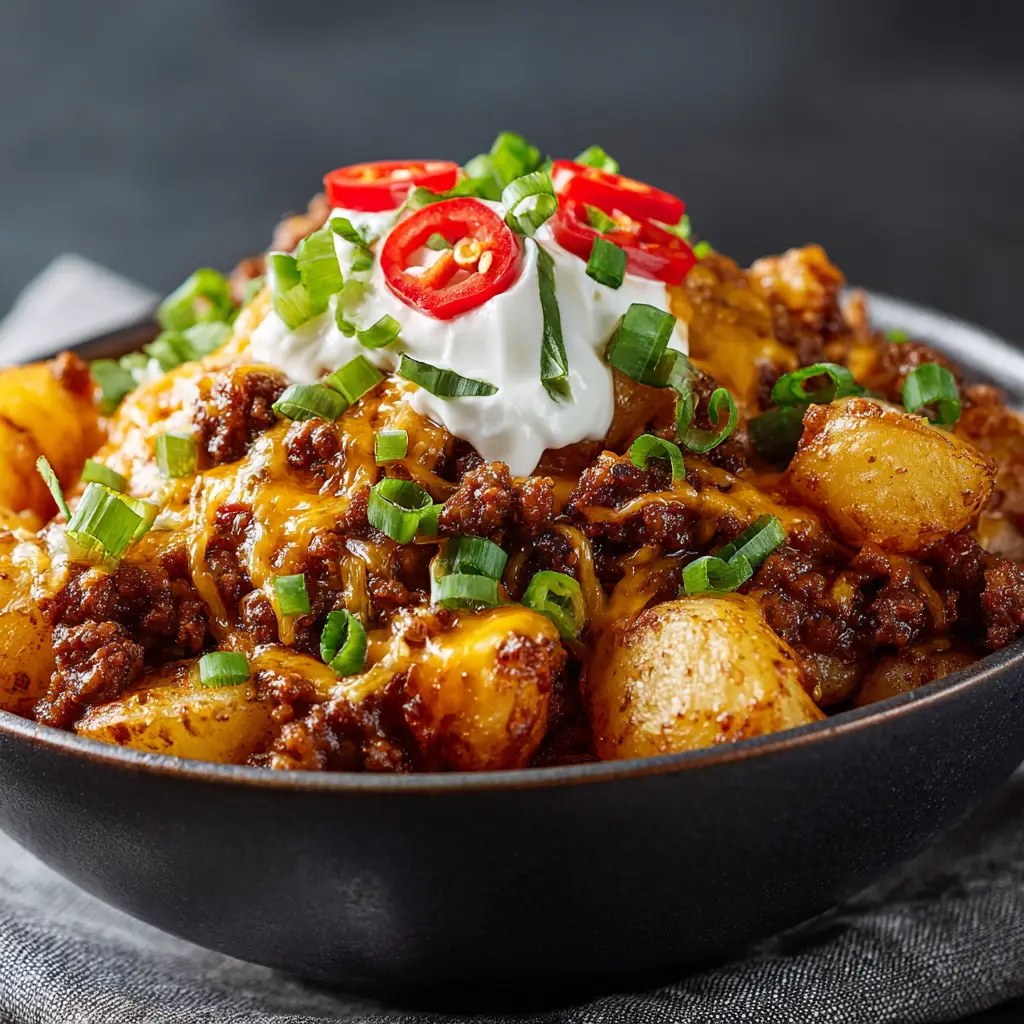 An overhead view of a dark ceramic bowl containing rustic Cheesy Taco Potatoes, showcasing the vibrant toppings of sour cream, green onions, and red chili.