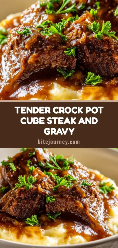 An overhead shot of two pieces of Crock Pot Cube Steak smothered in rich onion gravy on a bed of mashed potatoes, garnished with parsley. (Crock Pot Cube Steak)