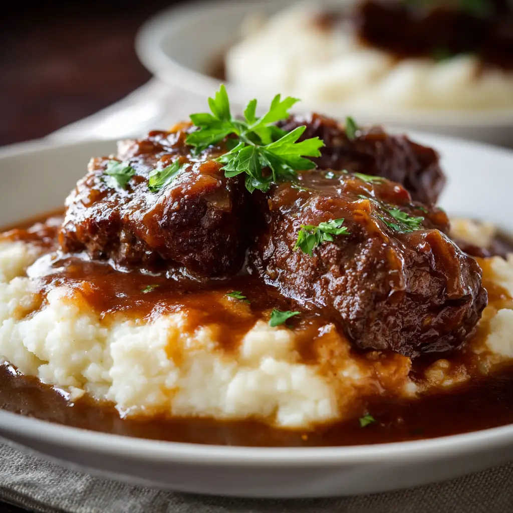 A close-up, rustic shot of slow-cooked cube steak in a white bowl, highlighting the tender texture of the beef and the glossy onion gravy. (Crock Pot Cube Steak)