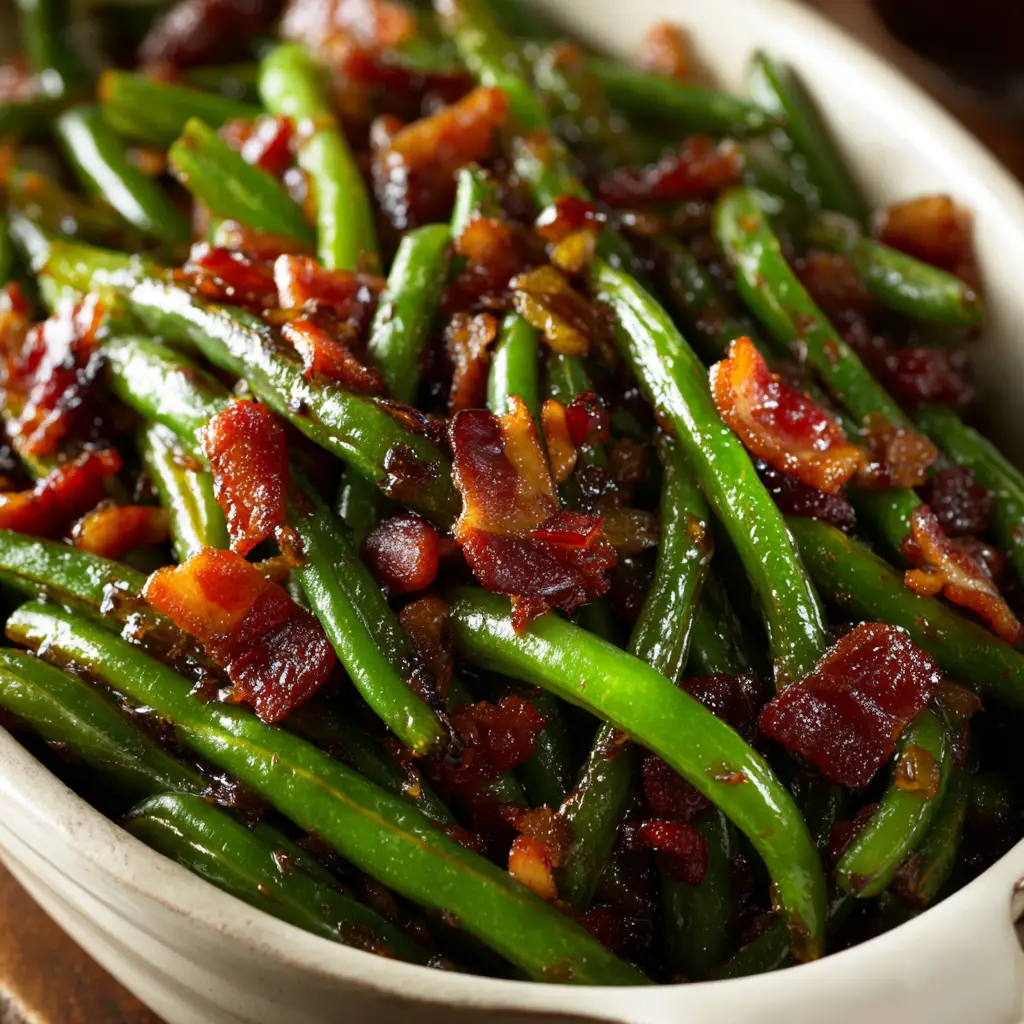 A close-up, macro shot of glazed Crack Green Beans, highlighting the delicious texture of the rich sauce and crispy bacon.