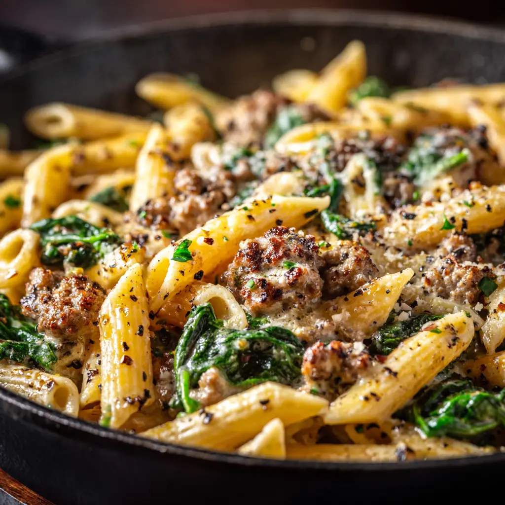 A close-up macro shot of One Pan Italian Sausage Pasta, showing the rich, cheesy cream sauce coating every piece of penne.