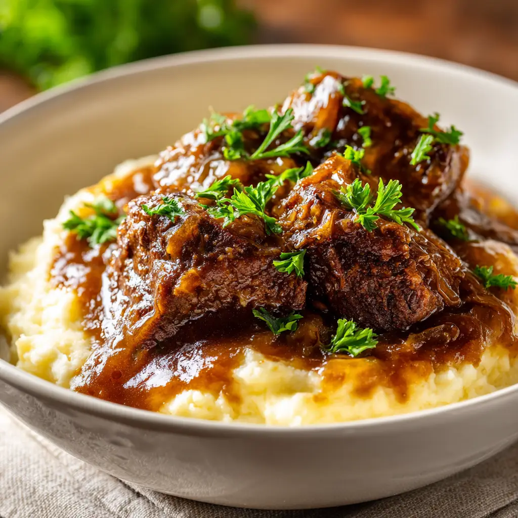 A mouth-watering view of Crock Pot Cube Steak served over creamy mashed potatoes in a shallow white ceramic bowl, garnished with a sprig of fresh parsley.