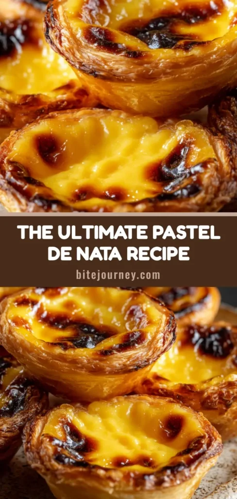 A close-up of several Portuguese custard tarts on a rustic plate, showcasing the flaky pastry and blistered tops from this authentic Pastel de Nata Recipe.