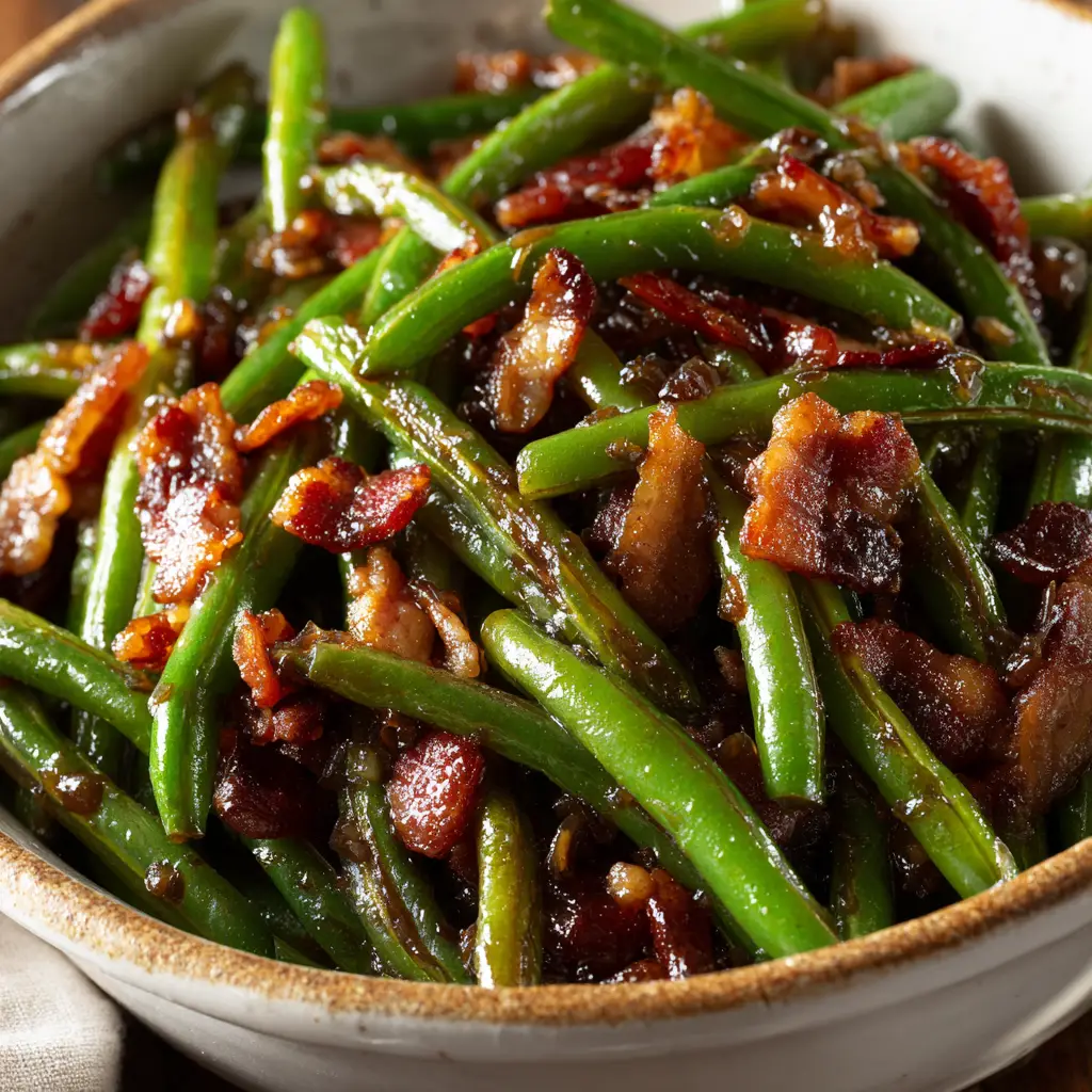 An authentic, mouth-watering bowl of home-cooked Crack Green Beans with bacon, seen from above in bright kitchen lighting.