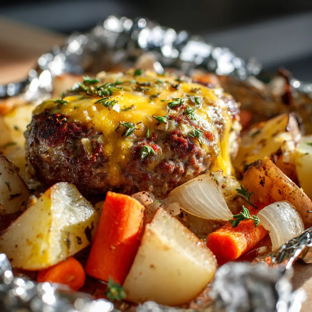 A satisfying, slightly messy pile of food on aluminum foil, featuring golden-brown potatoes, chunky carrots, and savory onions from a hobo foil packet dinner.