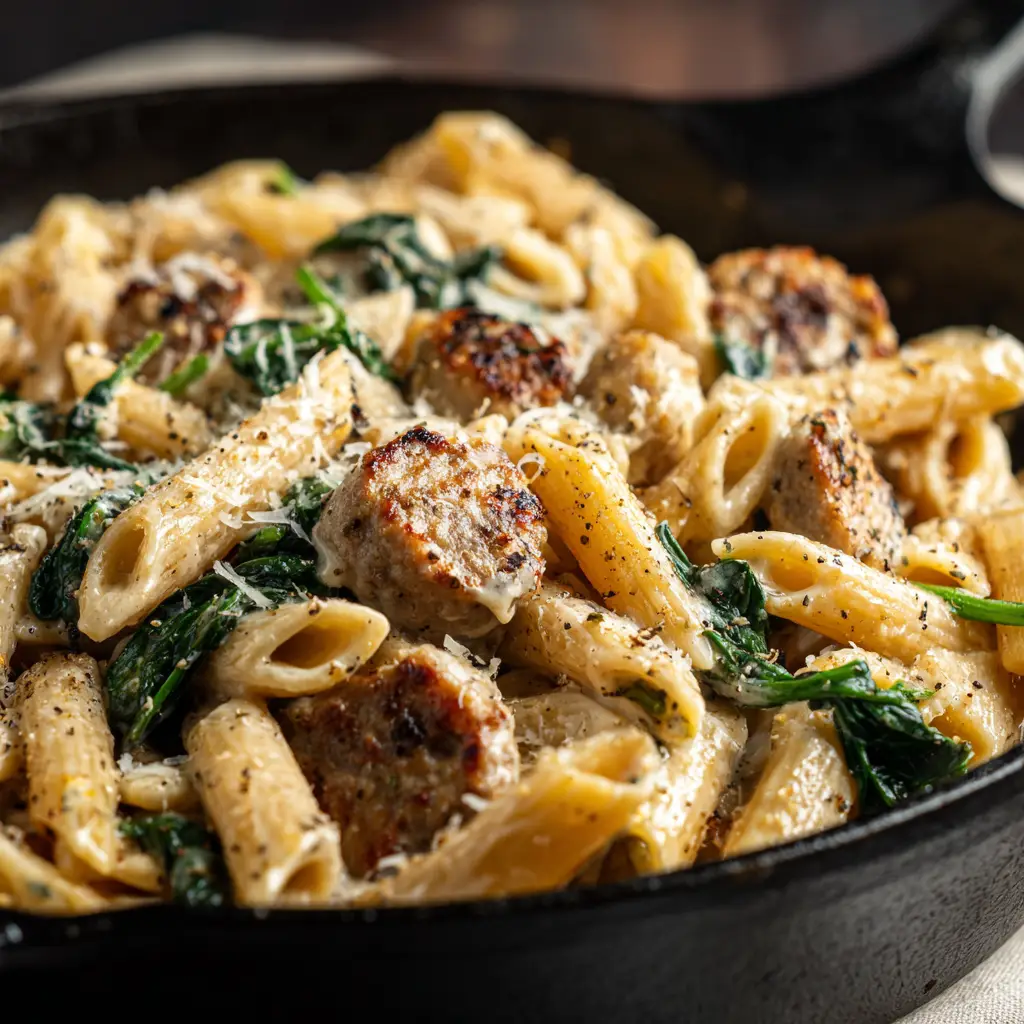 A beautiful serving of rustic skillet sausage pasta with penne, spinach, and parmesan, emphasizing the delicious textures.