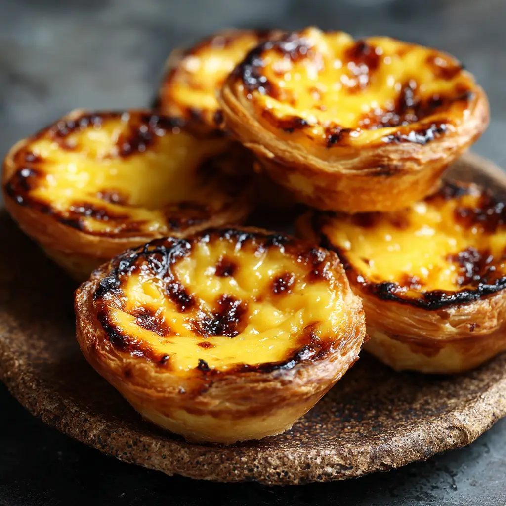 Several golden-brown Portuguese tarts arranged on a stoneware plate, illustrating the delicious results of this Pastel de Nata Recipe.