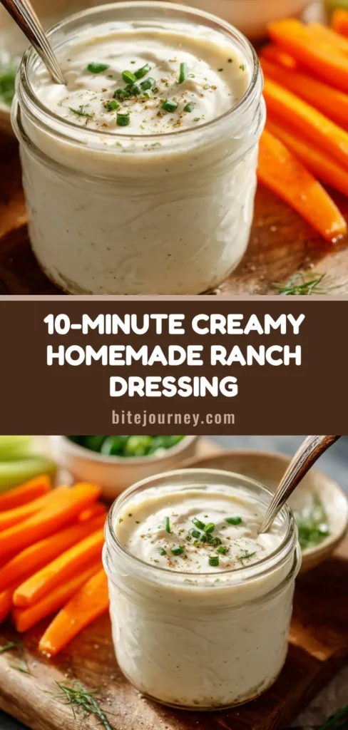 A thick and creamy homemade ranch dressing recipe served in a glass mason jar with a spoon. Fresh chives and dill are sprinkled on top, with carrot and celery sticks ready for dipping on a wooden board.