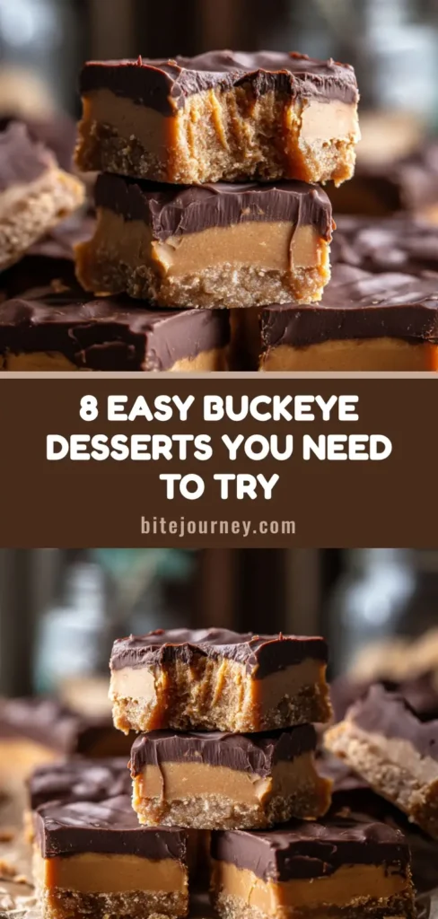 A rustic, hearty stack of chocolate peanut butter buckeye bars on crinkled parchment paper. (Buckeye Recipes)