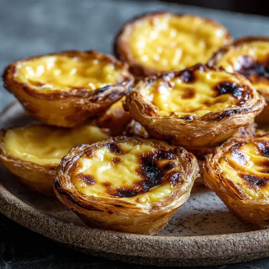 A macro shot focusing on the incredible flaky texture of the pastry and the creamy, blistered custard filling of a homemade Pastel de Nata.