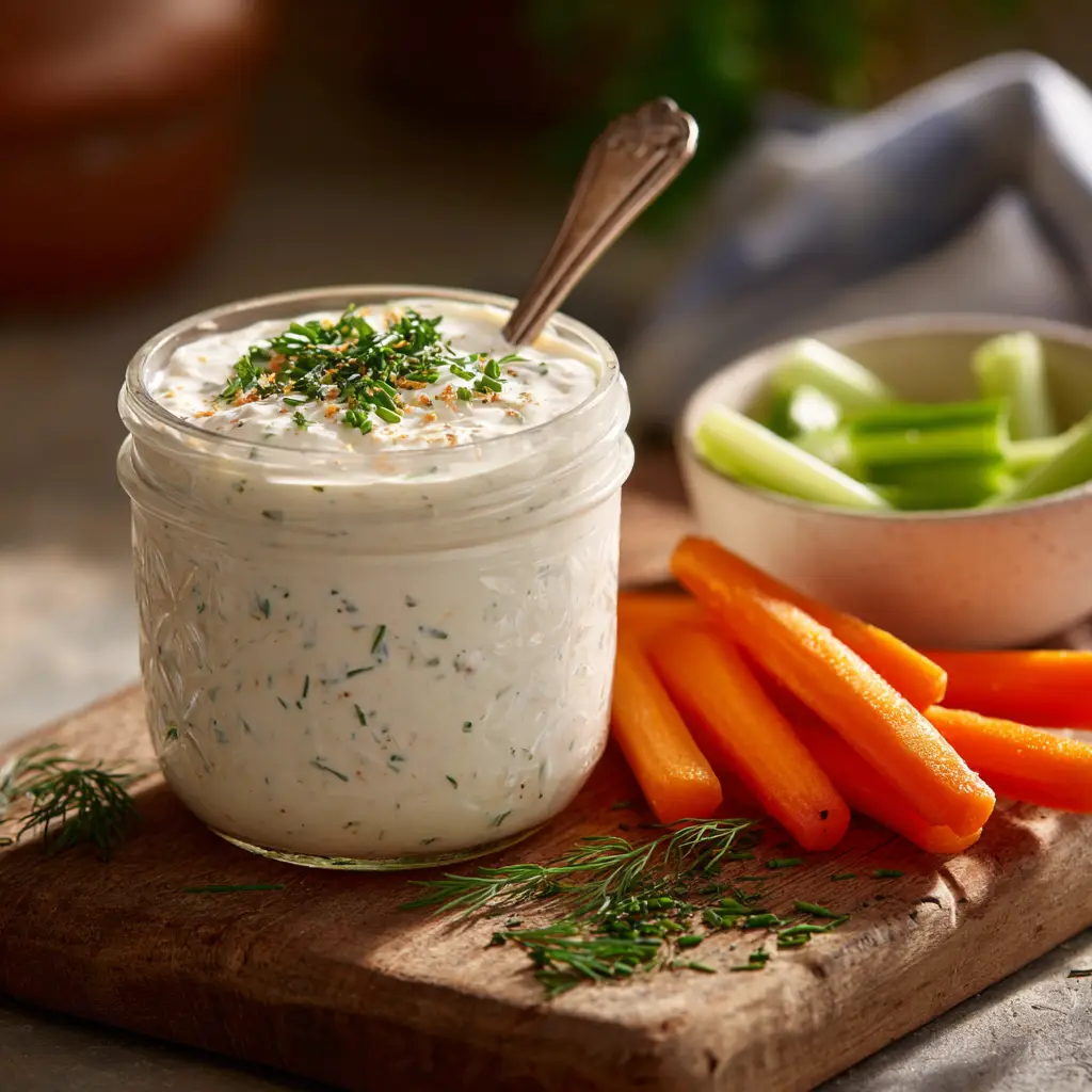 A close-up macro shot of creamy homemade ranch dressing in a white ceramic bowl, garnished with fresh dill and chives. (homemade ranch dressing recipe)