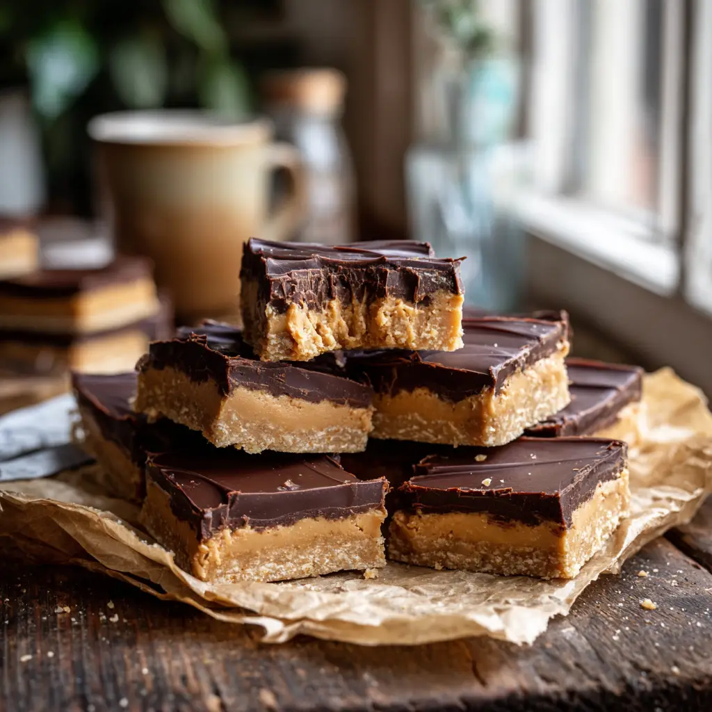 A close-up macro shot of buckeye bars, showing the rich, creamy peanut butter layer beneath the smooth chocolate. (Buckeye Recipes)