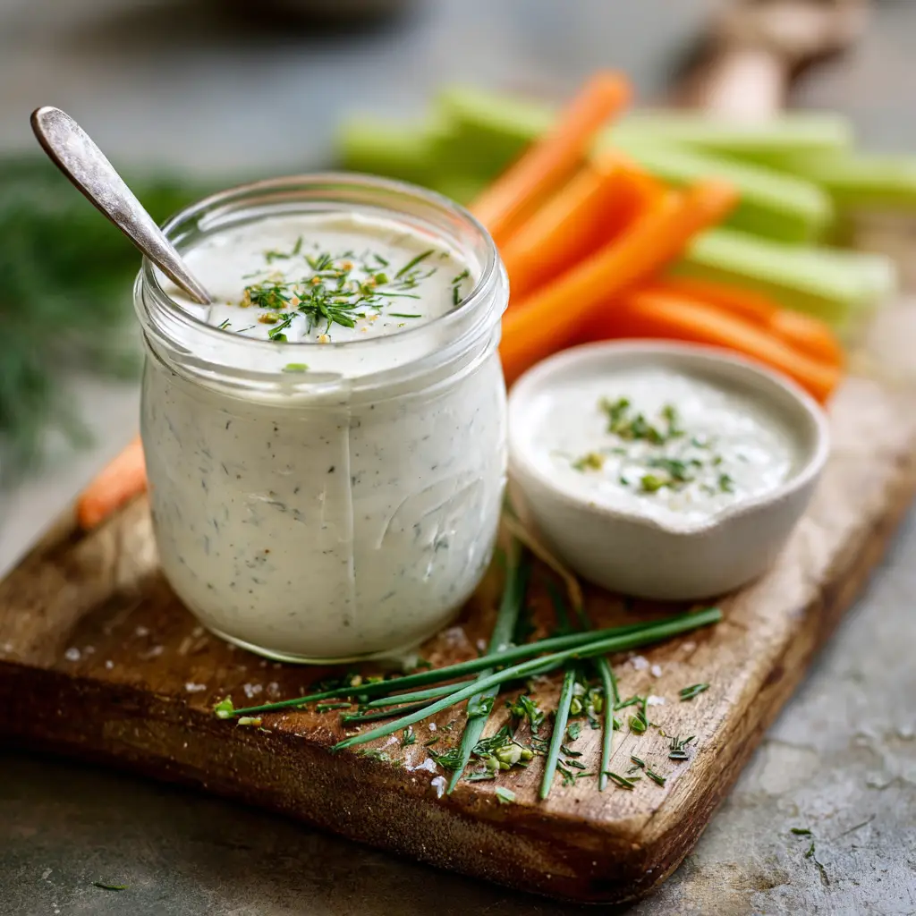 A rustic scene showing homemade ranch dressing in a mason jar on a wooden board, ready to be served with fresh vegetables like carrots and celery.