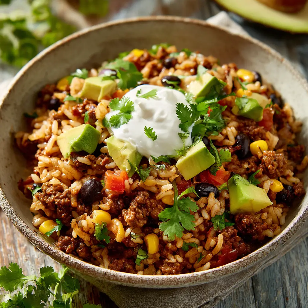 Another perspective of the authentic Taco Rice Bowl, emphasizing the fresh toppings of sour cream, cilantro, and avocado chunks.