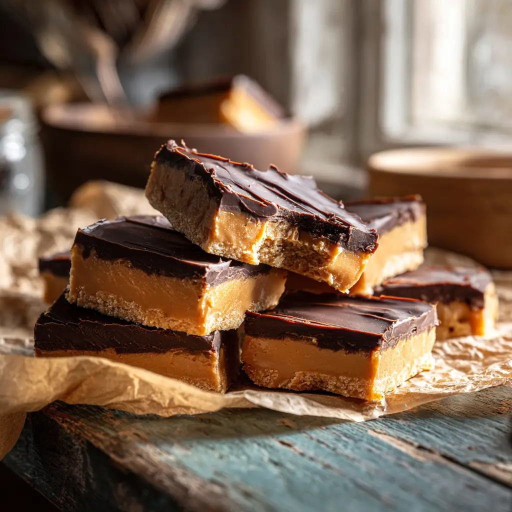 A stack of freshly made chocolate peanut butter buckeye bars with a clean bite taken out of one. (Buckeye Recipes)