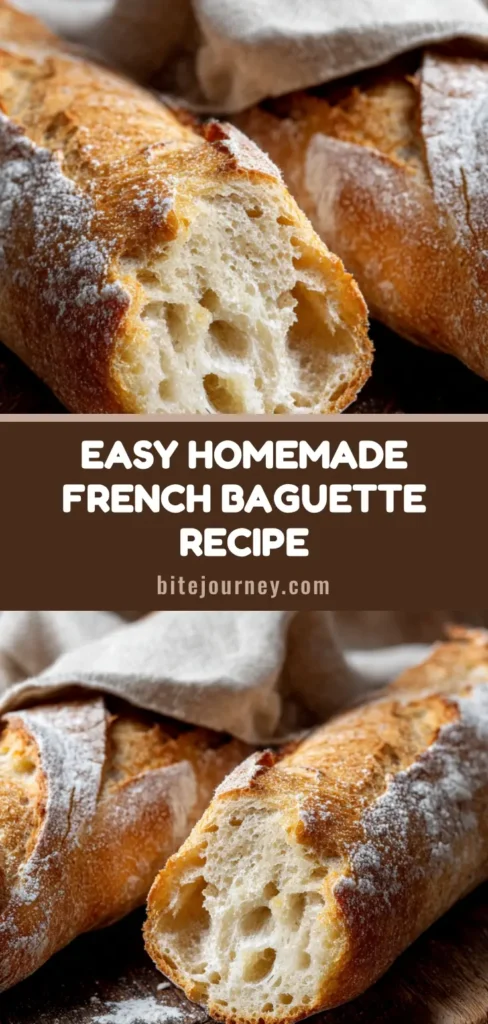 A pin-worthy image of two homemade French baguettes on a wooden board, one sliced open to show its airy crumb. (French Baguette Recipe)