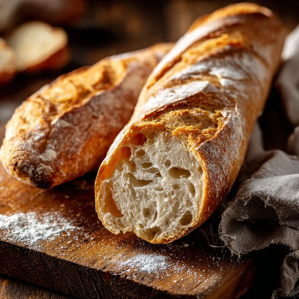 Two freshly baked French baguettes resting on a rustic wooden board, showcasing their deep golden-brown crust. (French Baguette Recipe)