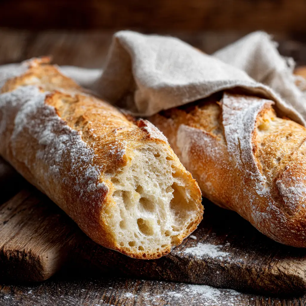 A close-up macro shot of a sliced French baguette, highlighting the light, airy, and open interior crumb structure.