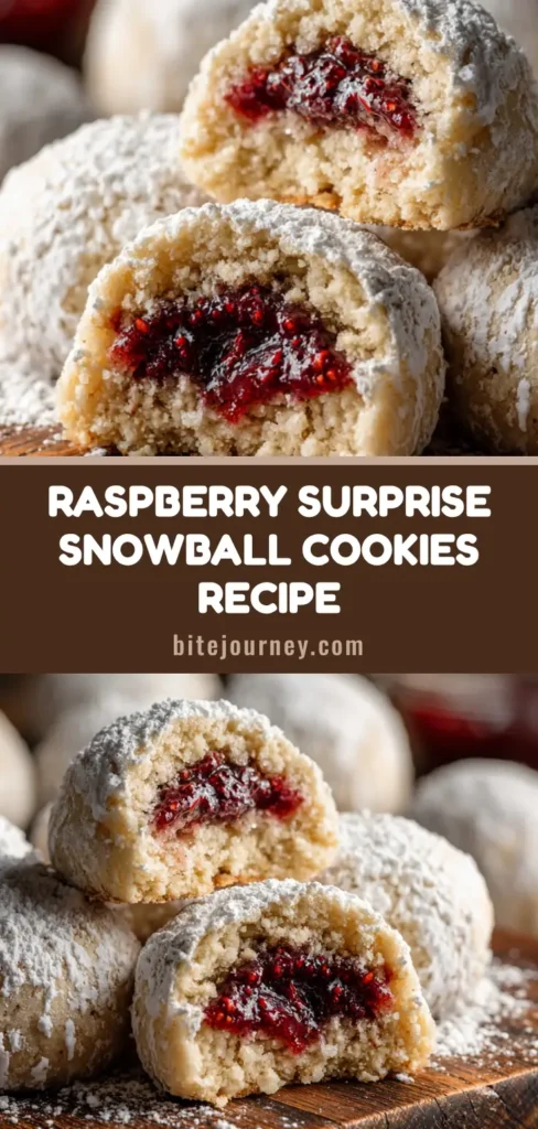 A close-up of several raspberry filled snowball cookies on a rustic wooden board. One cookie is cut in half, revealing the bright red raspberry jam filling inside. (Raspberry Filled Snowball Cookies)