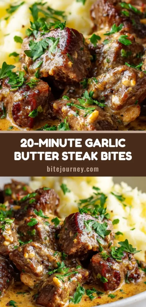 A close-up of creamy garlic butter steak bites in a rich parmesan sauce, garnished with fresh parsley and served with mashed potatoes.
